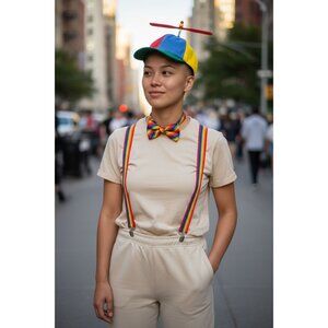 Tweedle Dee Or Tweedle Dum Costume Set With Propeller Hat Rainbow Bow Tie & Susp